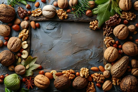 A wooden frame adorned with nuts and leaves, serving as a table decoration. The natural materials resemble a Christmas ornament, showcasing art and nature