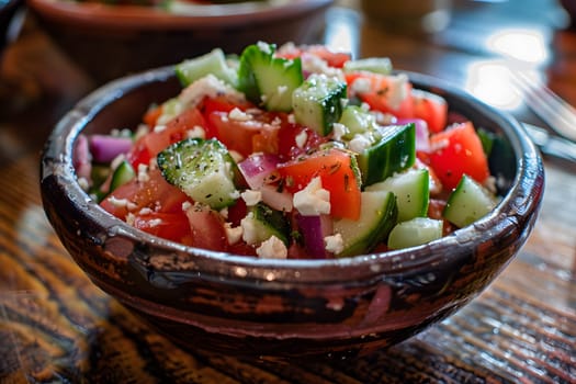 A refreshing Israeli salad made with tomatoes, cucumbers, onions, and feta cheese, served in a wooden bowl on a table