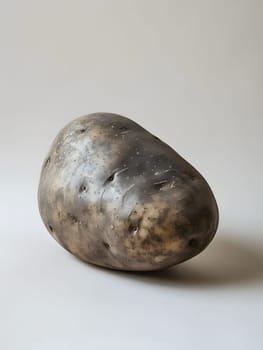 A plant is resting on a smooth white surface, surrounded by wooden artifacts, metal fashion accessories, and rocks made of natural materials