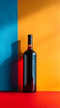 A glass bottle of red wine with a bottle stopper is placed on a vibrant table. The cylindershaped drinkware contains a delicious alcoholic beverage