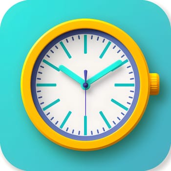 A product display featuring a yellow and purple clock on a blue background. The clock is designed with a bold font on a rectangular shape, surrounded by aqua and electric blue colors