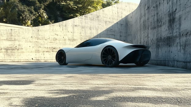 White sports car is parked inside a minimalist concrete garage with sunlight illuminating the scene. The image evokes a sense of luxury and exclusivity