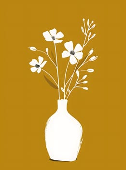 Stylized white flowers in a vase on a mustard background for modern decor