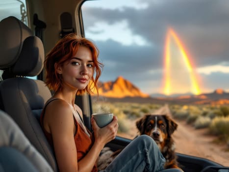 Young woman relaxing in her camper van, enjoying a hot beverage with her dog, admiring a beautiful double rainbow over a desert landscape. Ai generated