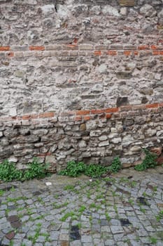 A weathered stone wall stands by a cobblestone path, surrounded by vibrant greenery