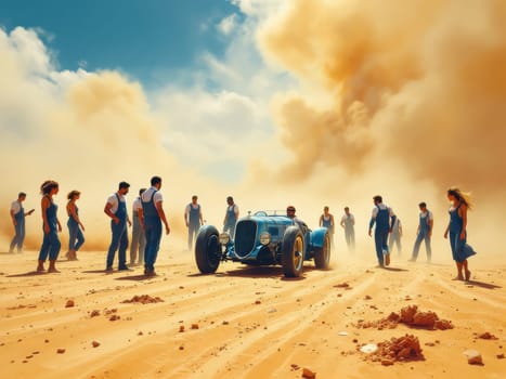 Mechanics and models in blue overalls are standing in the desert next to a blue vintage Delahaye 135s racing car while a dust cloud rises in the background. Ai generated