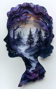A painting of a womans head with trees in the background, featuring electric blue hues and symmetrical composition. The artwork showcases a blend of art and nature