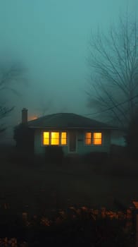A house is illuminated at night in a foggy field, with tints and shades of light shining through the windows, surrounded by trees and a cloudy sky creating a mysterious dusk atmosphere
