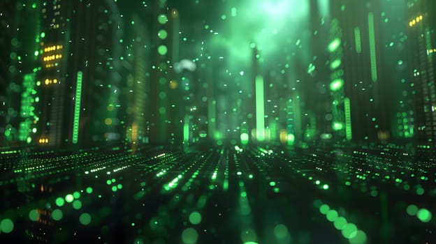 An artistic depiction of a city at night with green lights illuminating skyscrapers and tower blocks, creating a unique blend of natural environment and urban landmarks in a metropolitan area