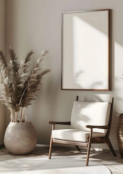 A comfortable living room with a wooden chair and a potted plant, showcasing beautiful interior design with a rectangleshaped flowerpot