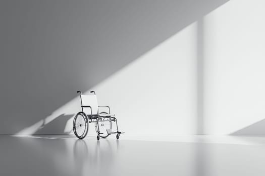 A serene and minimalistic interior featuring a wheelchair positioned in soft natural light, creating an elegant and clean atmosphere ideal for themes of accessibility and independence.