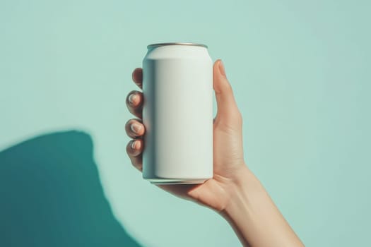 A minimalistic image featuring a hand elegantly holding a plain can against a soft matte background. Ideal for designs emphasizing simplicity and modern aesthetics.