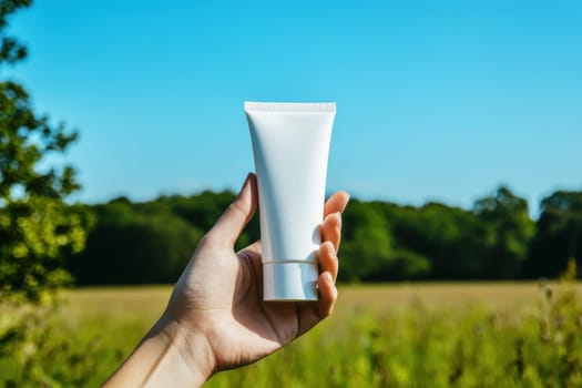 A hand holds a white cosmetic tube, showcasing the product beautifully against a bright blue sky and lush green landscape, perfect for beauty and skincare marketing.
