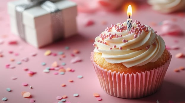 A beautifully decorated birthday cupcake with creamy frosting, pink sprinkles, and a lit candle on a soft pink background. A gift box in the background enhances the celebratory mood, providing copy space for text