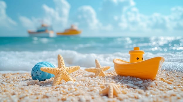 A yellow toy boat, starfish, and decorative beach elements on a sandy beach near the ocean, evoking a playful summer vacation scene