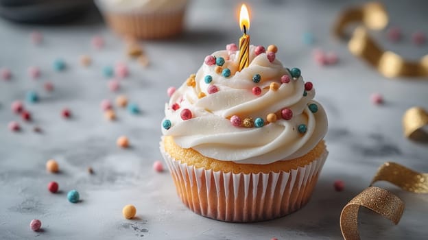 A vibrant birthday cupcake with white frosting and multicolored sprinkles, topped with a golden candle. The surrounding space is filled with festive ribbons and sprinkles, making it ideal for celebratory designs or birthday-themed content