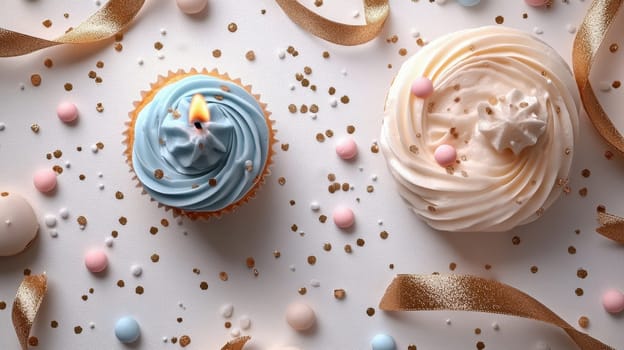 Blue and white frosted cupcakes with golden sprinkles, a lit candle, and decorative ribbons on a white background