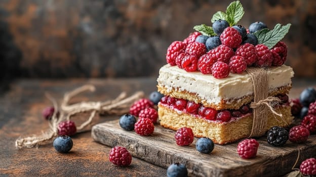Rustic cake decorated with fresh raspberries, blueberries, and mint leaves, placed on a wooden table with a festive presentation