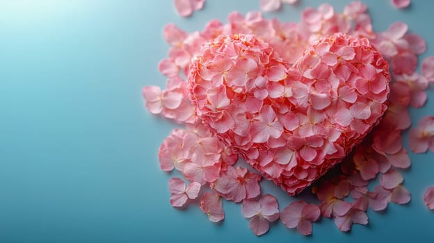 A heart-shaped arrangement of pink hydrangea petals against a serene blue background, symbolizing love and celebration for Valentine's Day