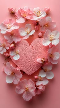 A glittery pink heart resting among delicate flowers, creating a festive and romantic ambiance for Valentine's Day celebrations
