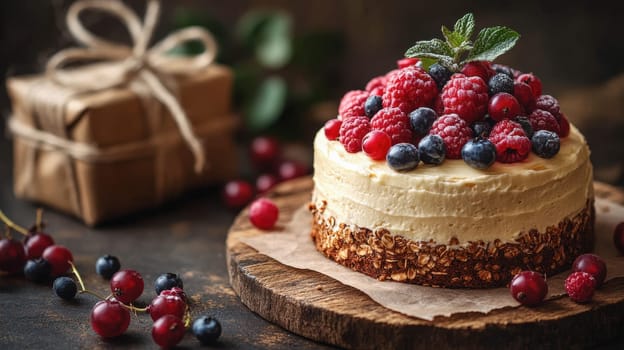Layered cake topped with fresh raspberries, blueberries, and mint leaves, served on a wooden platter with a rustic, festive setting