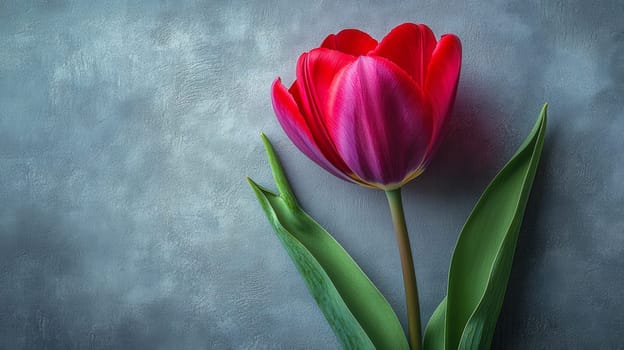 A striking red tulip with green leaves is placed against a textured blue background, showcasing its vibrant beauty and simplicity