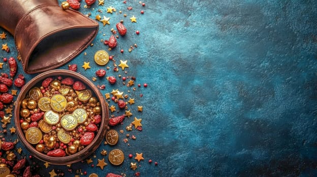 A collection of gold coins, red dried fruits, and golden stars spilling from a leather pouch onto a vibrant blue textured surface