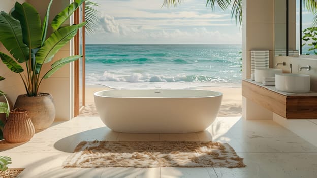 A serene bathroom with a freestanding tub and tropical decor, opening to an ocean view with space for text on the left