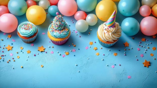A trio of cupcakes with vibrant frosting, sprinkles, and party hats, set against a festive backdrop with balloons and confetti