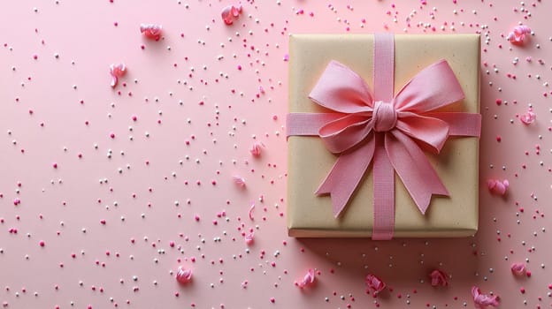 A simple and elegant pink gift box wrapped with a glittering ribbon, surrounded by scattered pink and white confetti