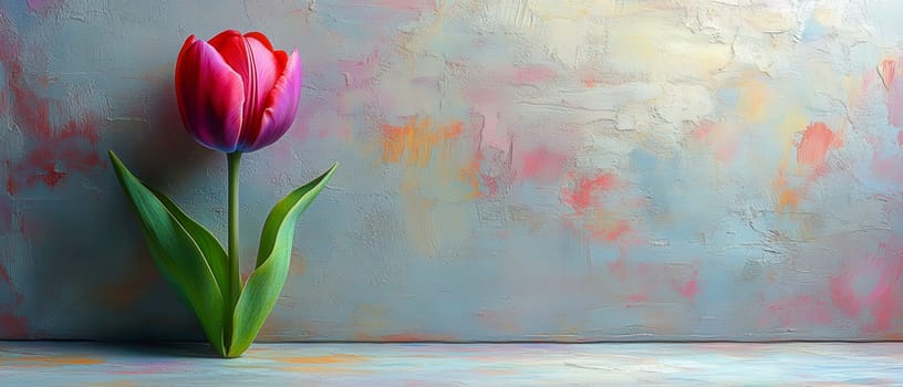 A vivid red tulip with green leaves stands out against a colorful artistic background, embodying the creative spirit of spring
