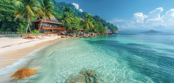 A beachfront villa surrounded by palm trees, golden sand, and sparkling turquoise waters, ideal for a luxury vacation