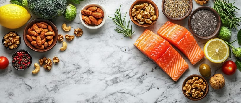 A delicious spread of ketogenic ingredients like salmon, nuts, lemon, and fresh greens, perfect for a low-carb diet.