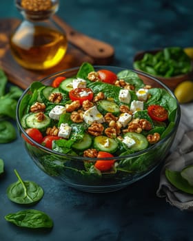 A refreshing keto salad made with spinach, cherry tomatoes, cucumber slices, feta cheese, and walnuts, drizzled with olive oil in a glass bowl