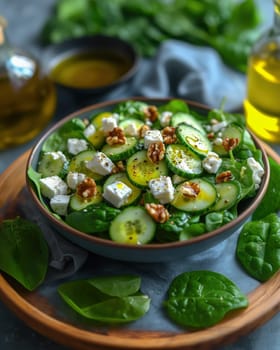 A vibrant keto salad made with fresh spinach, feta cheese cubes, sliced cucumbers, and walnuts, drizzled with olive oil, served in a bowl