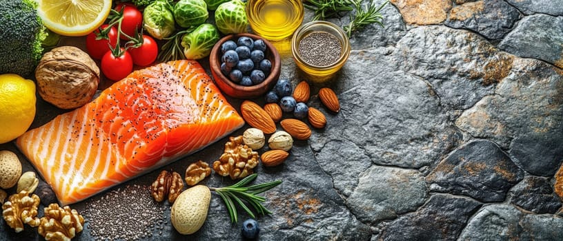 Salmon filet surrounded by ketogenic ingredients like chia seeds, blueberries, nuts, and fresh vegetables, styled on a rustic stone background