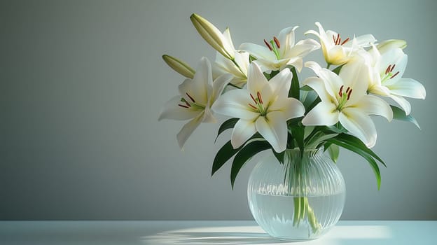 A beautiful arrangement of white lilies in a transparent glass vase, showcased in a serene, minimalistic indoor setting with soft lighting that emphasizes the natural beauty of the flowers
