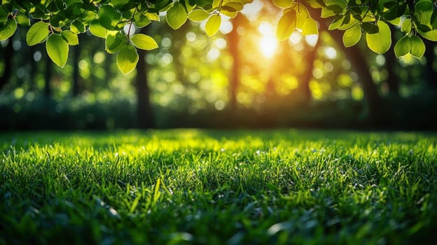 Vibrant spring grass illuminated by golden sunlight, creating a picturesque meadow