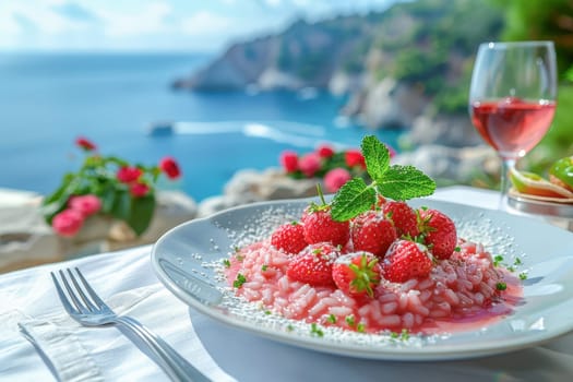 Vibrant strawberry risotto garnished with fresh mint and powdered sugar, served with a picturesque ocean view in springtime