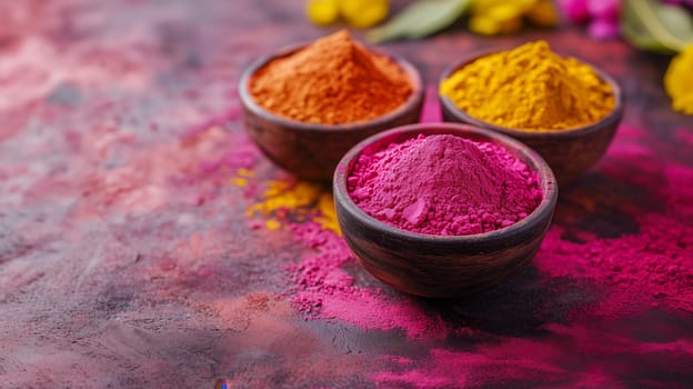 Wooden bowls filled with colorful Holi powders, set against a textured backdrop, representing the festival's festive spirit