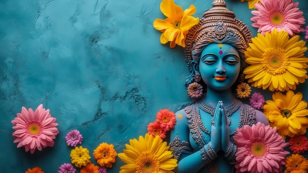 A serene depiction of a deity with vibrant Holi colors and flowers, representing spirituality and cultural celebration