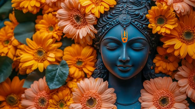 A serene Hindu deity statue surrounded by bright yellow and orange flowers, representing the spirituality and joy of Holi celebrations