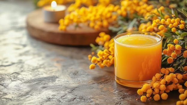 A warm candle and fresh orange juice with yellow mimosa flowers on a textured surface, capturing the essence of nature and the celebration of women on International Women's Day