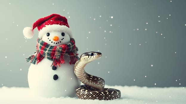 A delightful and whimsical snowman accompanied by a charming snake, perfectly blending winter joy and surprise