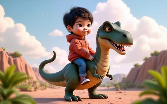 A young boy sits happily on a little T-Rex dinosaur in a colorful desert setting, surrounded by playful clouds and distant hills, showcasing a whimsical adventure - Generative AI