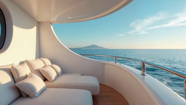 A boat with a white railing and a view of the ocean. The railing is made of metal and the boat is white