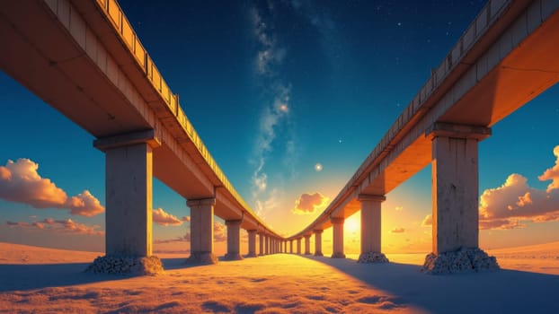 A bridge spans a large body of water, with a beautiful sunset in the background. The bridge is illuminated by the sun, creating a warm and inviting atmosphere