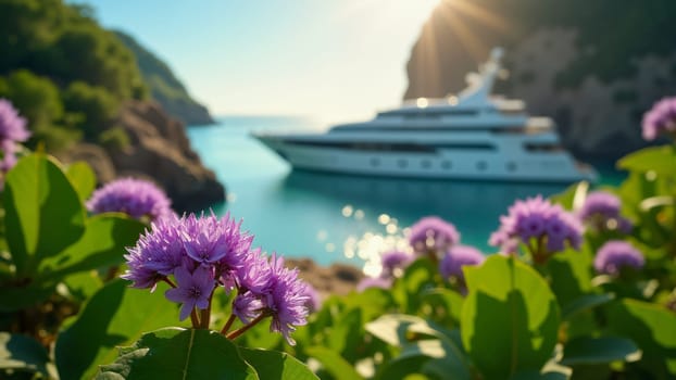 A large boat is sailing in the ocean near a beach. The water is blue and the sky is clear. The boat is surrounded by purple flowers, which add a touch of color and beauty to the scene