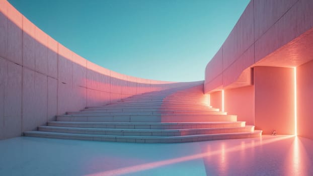 A pink and white building with a staircase leading up to it. The staircase is lit up with neon lights, creating a surreal and dreamlike atmosphere