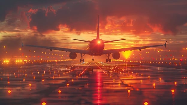 A stunning sunset view shows an airplane landing, lighting up the runway with vibrant colors that mesmerize onlookers